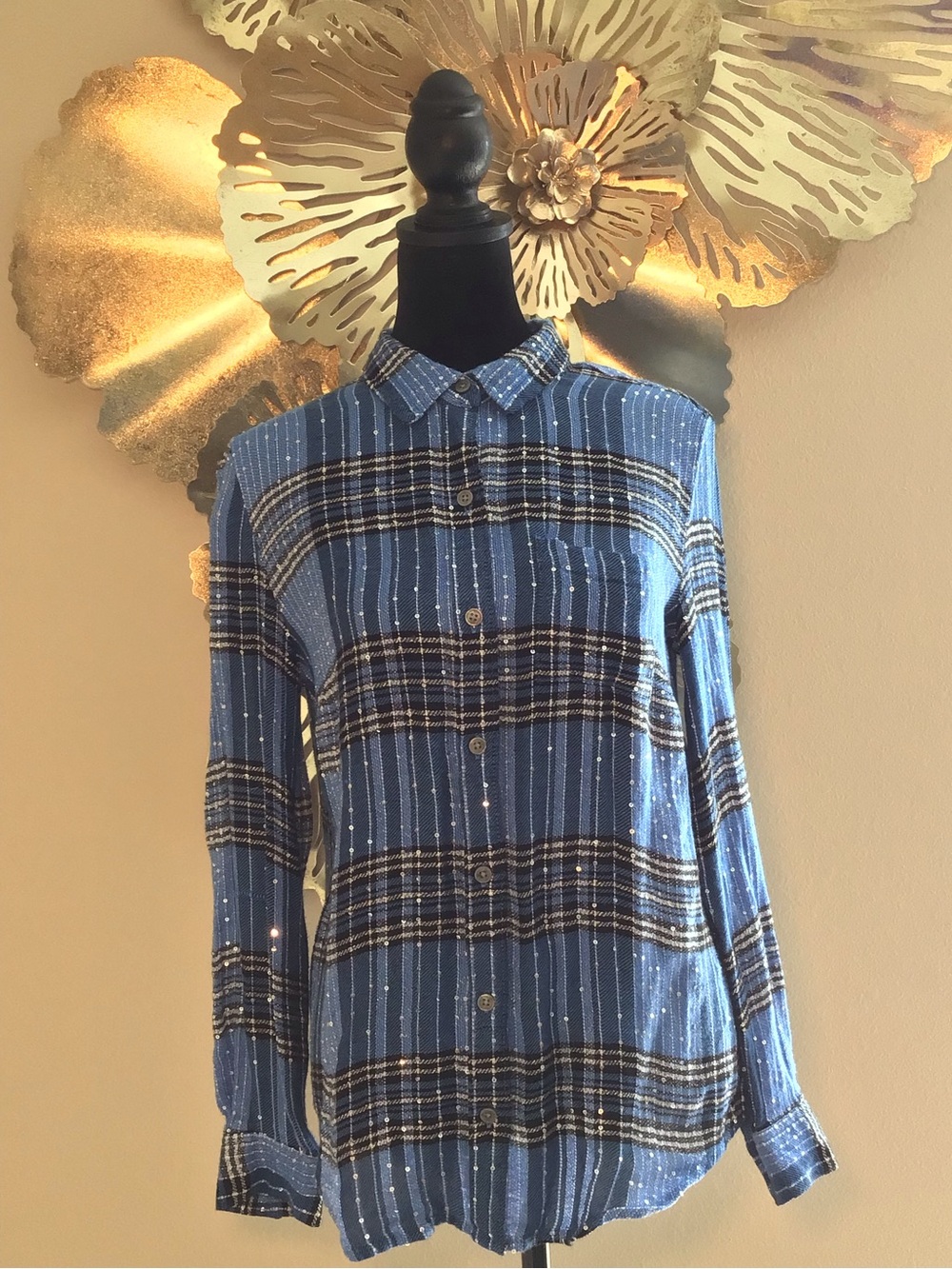 STYLE & CO. Sequined Blue Plaid Women’s Button-Down Shirt, Size S